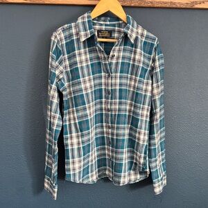 Women's Teal and White Plaid Button-Down Shirt
